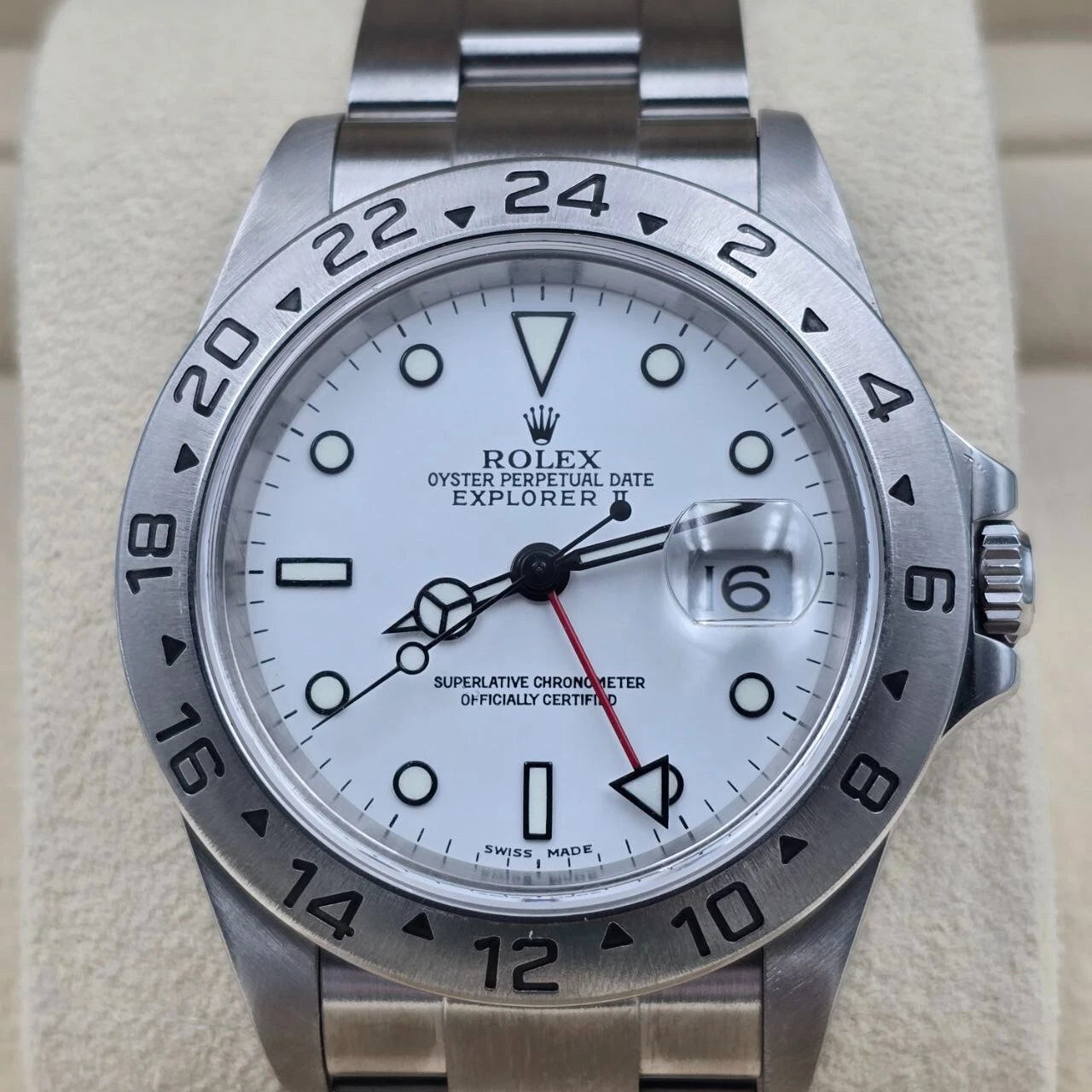 PAPERS Rolex 16570 Explorer II White 40mm Steel NO HOLES Oyster Date Watch