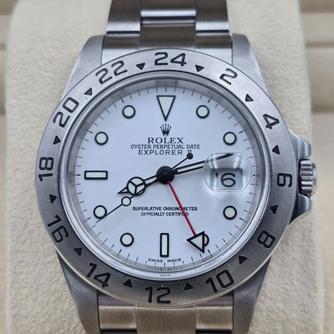 PAPERS Rolex 16570 Explorer II White 40mm Steel NO HOLES Oyster Date Watch