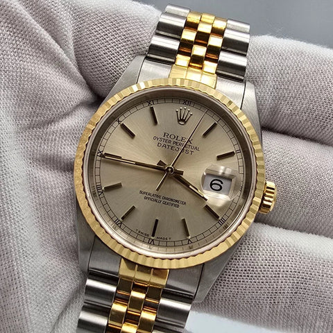 PAPERS Rolex Datejust Yellow Gold Steel Silver Dial 36mm NO HOLES 16233 Watch
