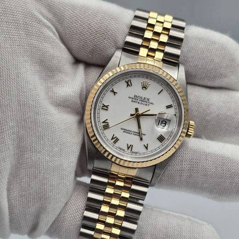 Rolex Datejust 36mm White 18K Yellow Gold Jubilee Stainless Steel Watch 16233