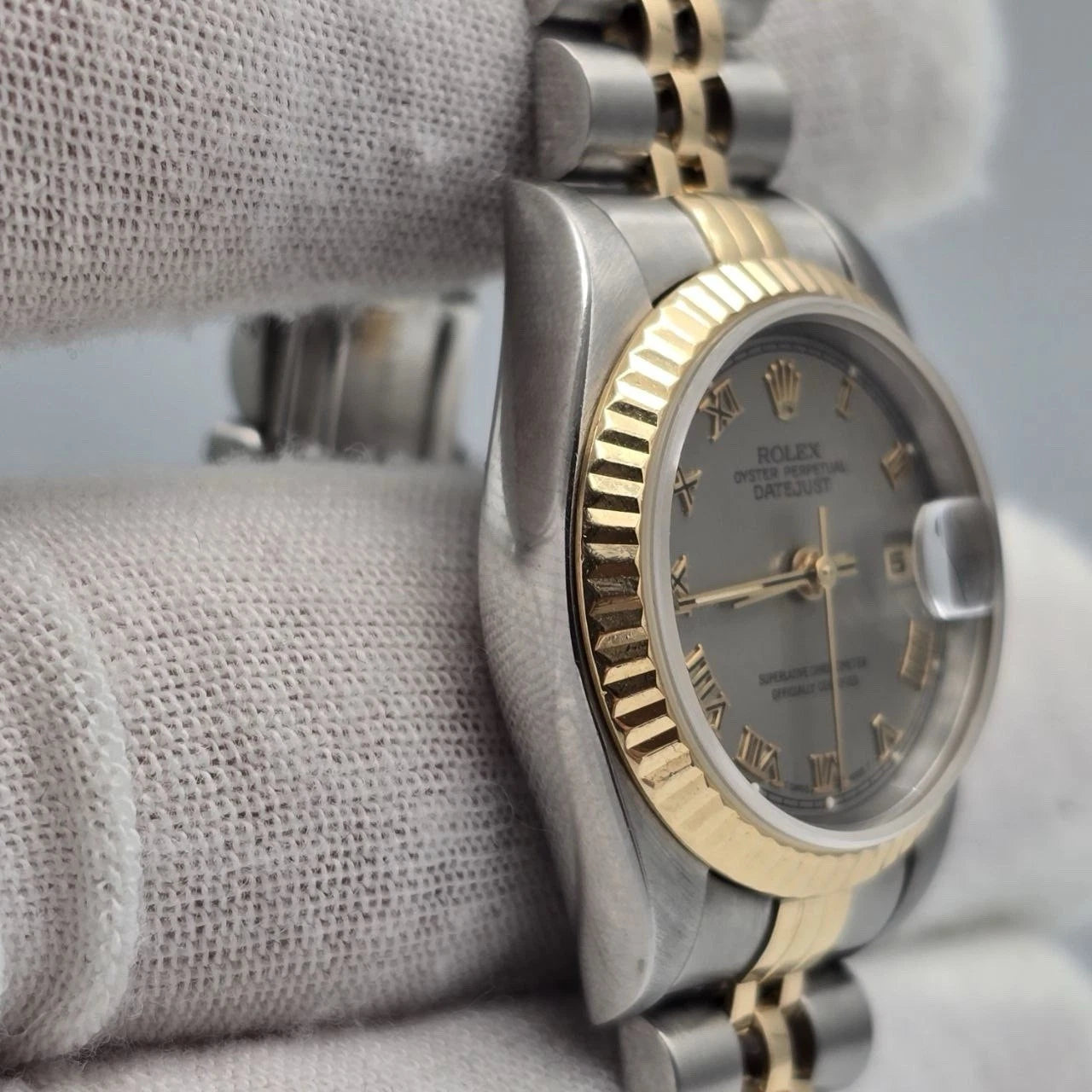 PAPERS Rolex Datejust 26mm 69173 TT Jubilee NO HOLES Rhodium Gray Roman Watch