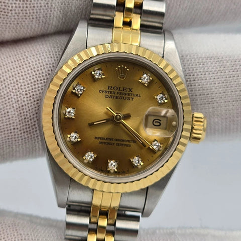 Rolex Lady Datejust 18K Gold Steel NO HOLES 26mm Champagne Diamond Dial 69173