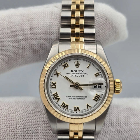 MINT PAPERS Rolex Datejust Gold Steel Fluted White Roman Jubilee 26mm 79173