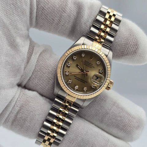 Rolex Datejust 26mm Champagne Diamond Dial Two Tone NO HOLES Jubilee Watch 69173