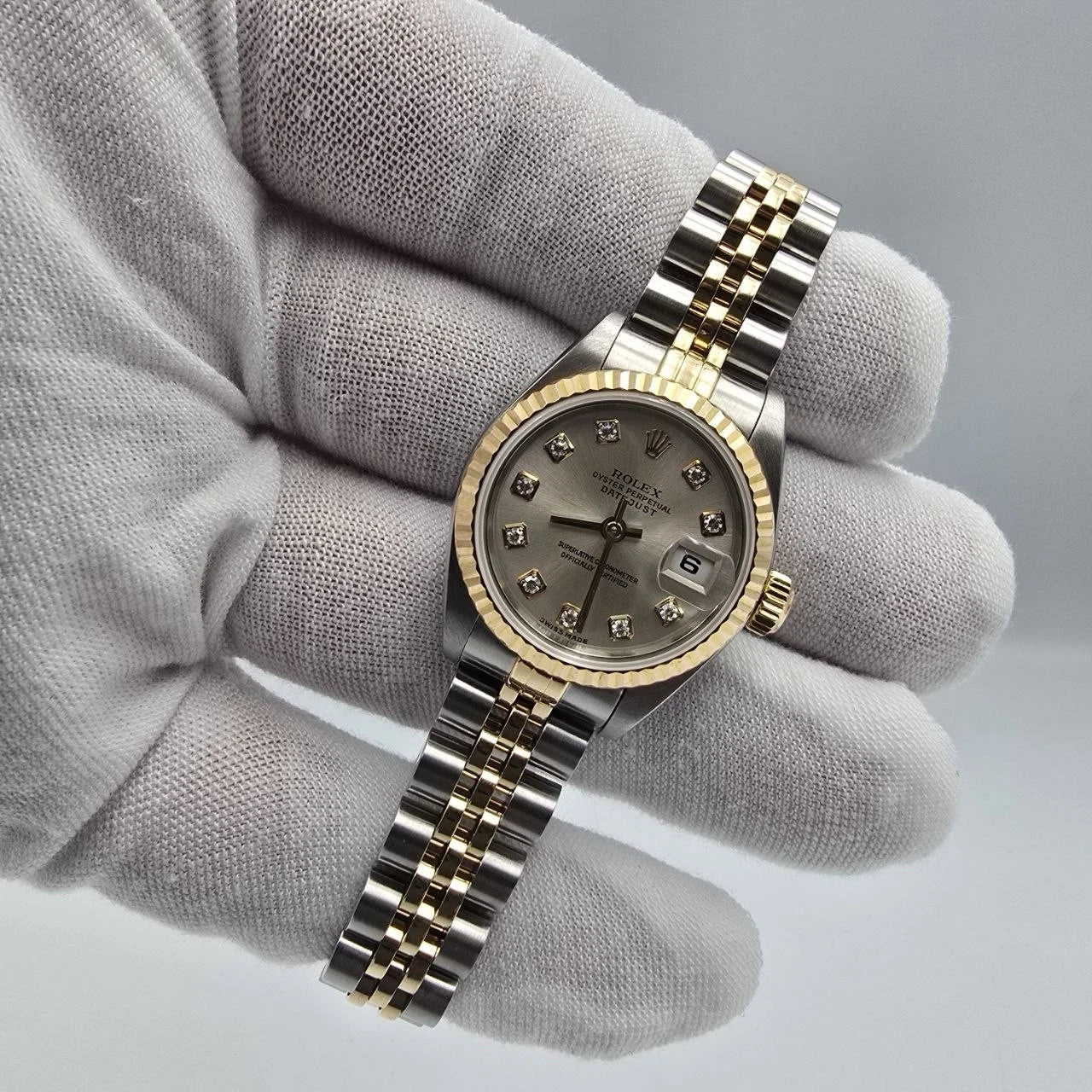 PAPERS Rolex Datejust Gold Steel Factory Rhodium Diamond Dial Jubilee 26mm 79173