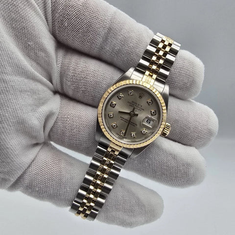 PAPERS Rolex Datejust Gold Steel Factory Rhodium Diamond Dial Jubilee 26mm 79173