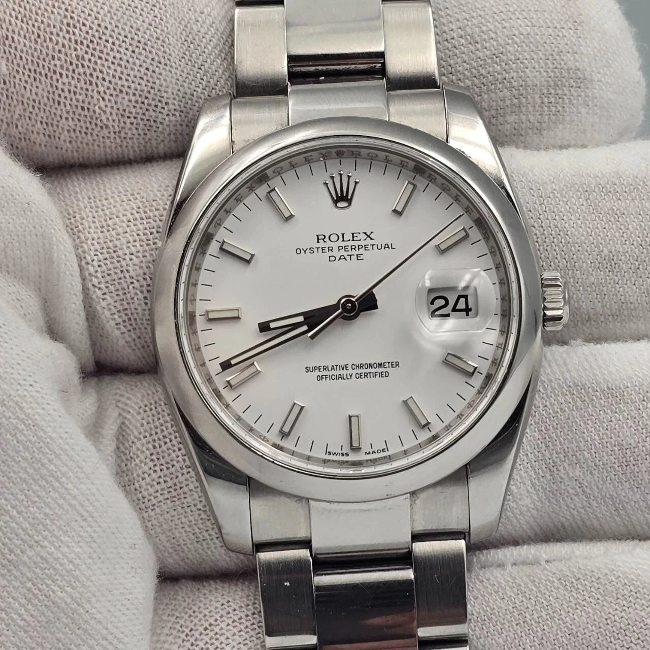PAPERS Rolex Oyster Perpetual Date 34mm 115200 White Steel Oyster Watch