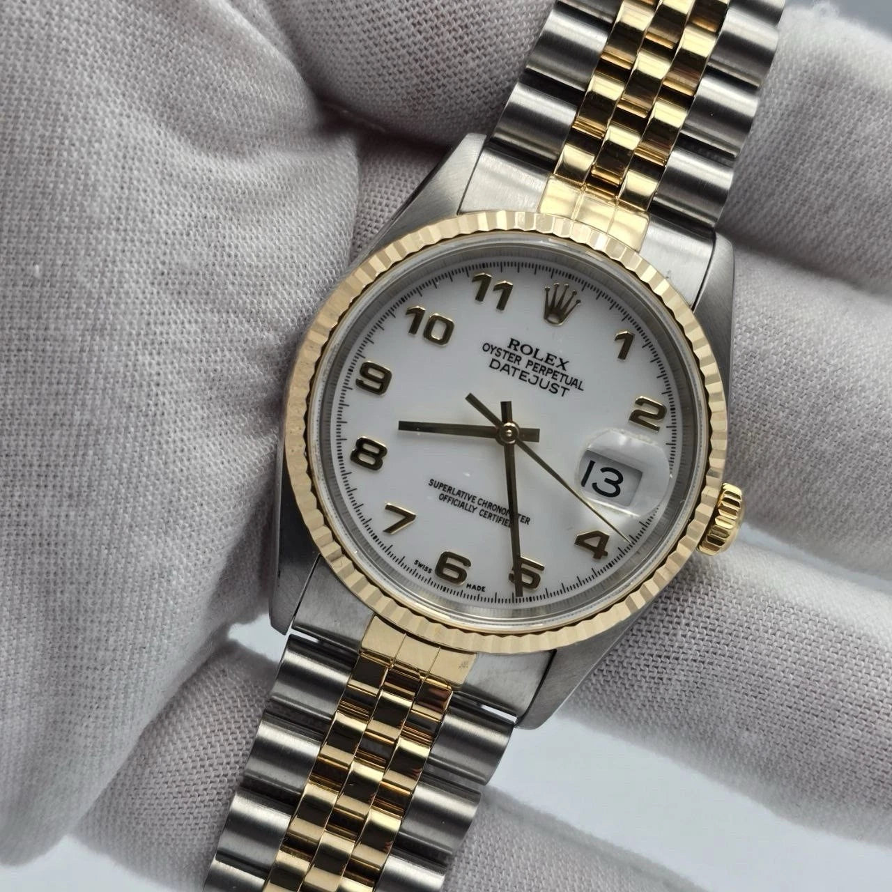 Rolex Datejust 36mm NO-HOLES White Arabic Two-Tone 18K Watch 16233
