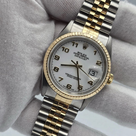 Rolex Datejust 36mm NO-HOLES White Arabic Two-Tone 18K Watch 16233