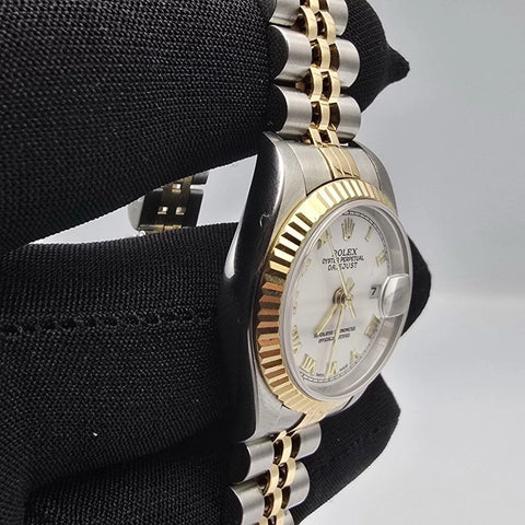 Rolex Lady Datejust Gold Steel Fluted Bezel White Roman Jubilee 26mm Watch 79173