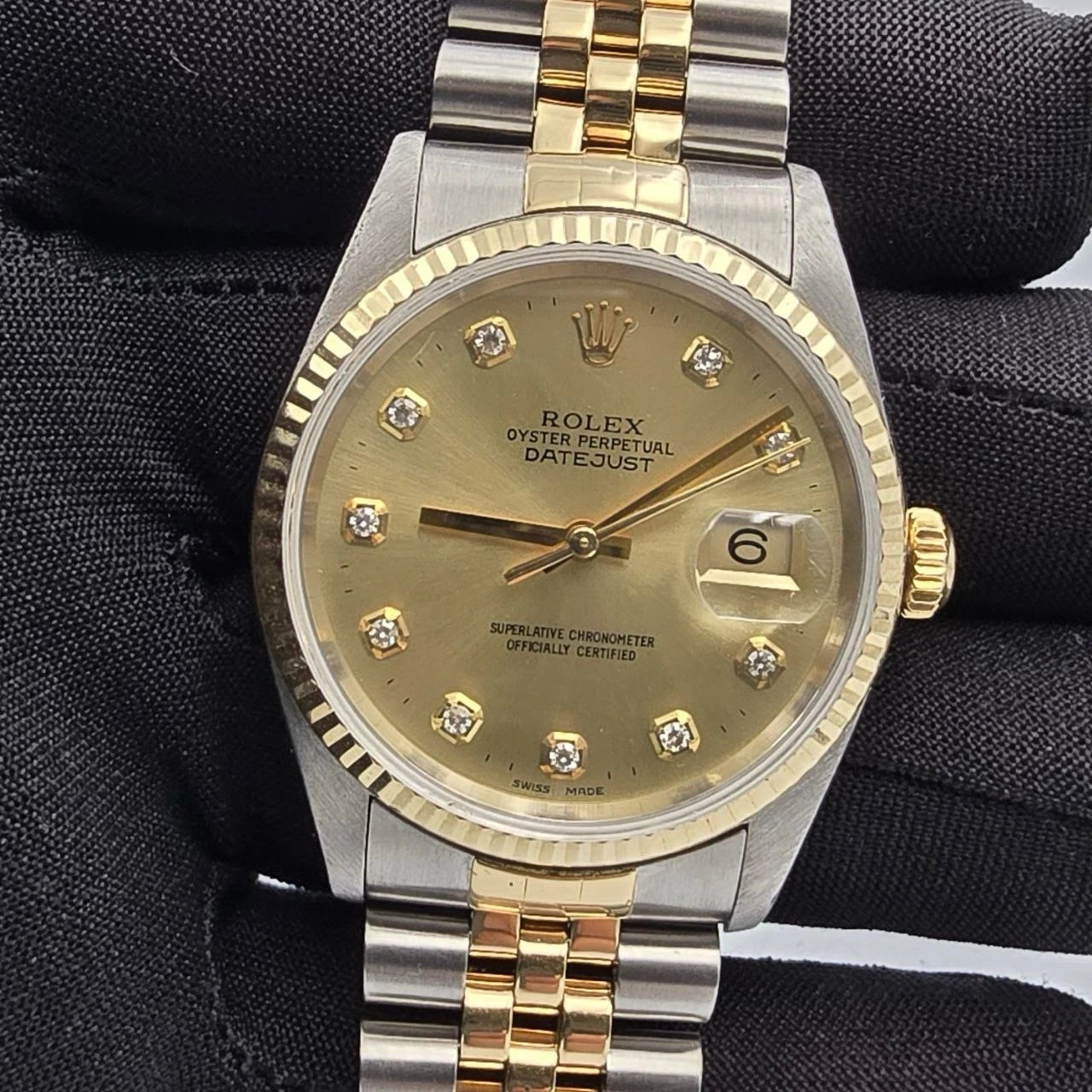Rolex Datejust 36mm NO HOLES Champagne Diamond Dial 18K Gold TT Watch 16233
