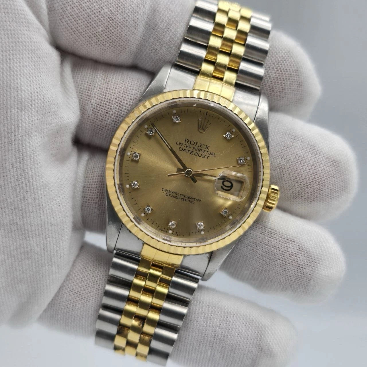 Rolex Datejust 36mm Champagne Diamond Dial 18K Yellow Gold Two Tone Watch 16233
