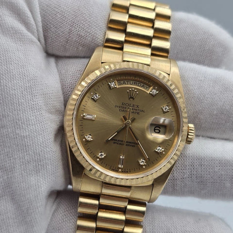 Rolex 18K Gold Day-Date President Gold Champagne Diamond Dial 36mm Watch 18238