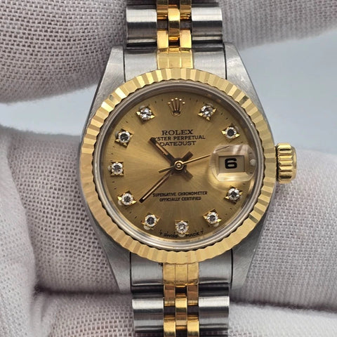 PAPERS Rolex Lady Datejust 18K Gold Steel Champagne NO HOLES Diamond Dial 69173