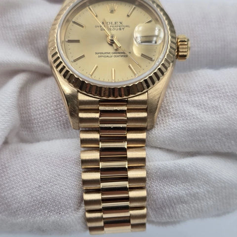 Rolex Datejust Champagne Stick Dial 18K Yellow Gold Fluted Bezel 26mm 69178