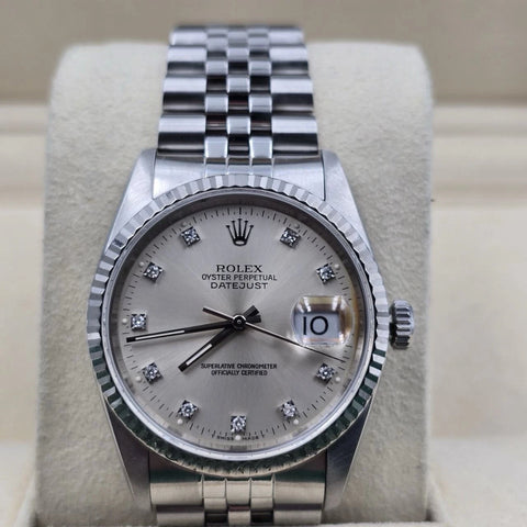 Rolex Datejust Silver Diamond Dial Stainless Steel Jubilee 16234 36mm Watch