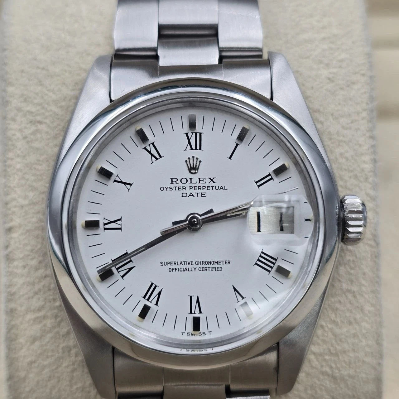 Rolex Oyster Perpetual Date 34mm Steel White Roman Oyster Automatic Watch 1500