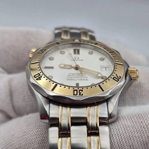 Mens Omega Seamaster 18K Gold 300M Chronometer Watch White Dial 36MM 2352.20