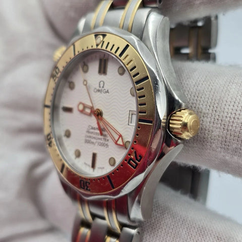 Mens Omega Seamaster 18K Gold 300M Chronometer Watch White Dial 36MM 2352.20