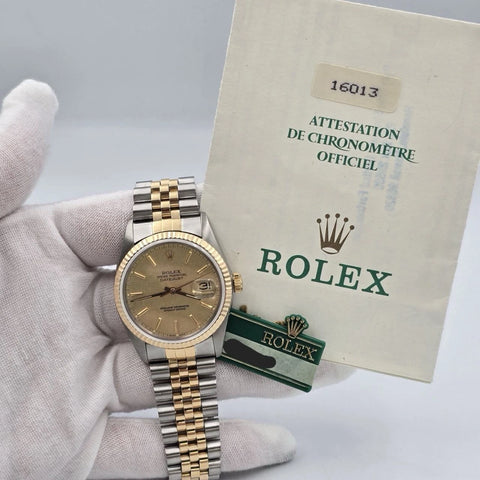 PAPERS Rolex Datejust Champagne Linen Two-Tone Gold Jubilee 16013 36mm Watch