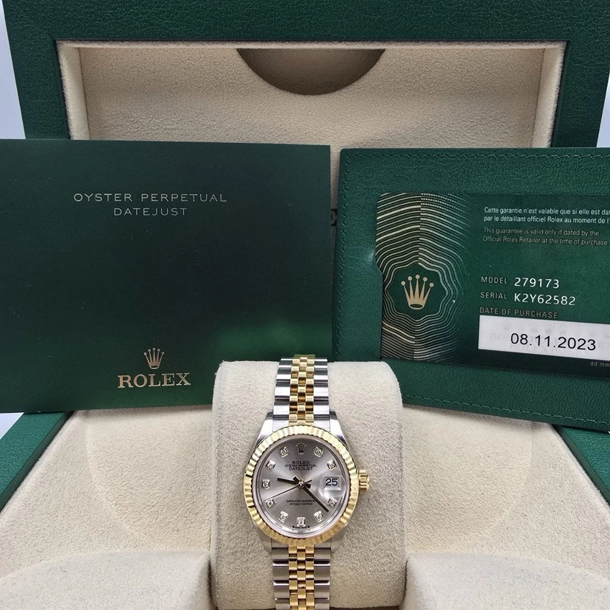 2023 PAPERS Rolex Lady Datejust 28mm 279173 Silver Diamond Dial Jubilee BOX
