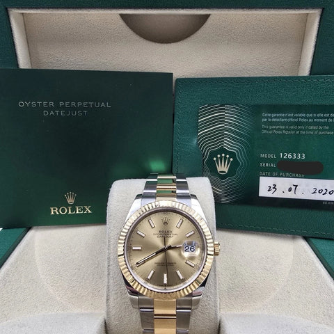 2020 PAPERS Rolex Datejust 41 Champagne Dial Oyster 18K Gold Steel 126333 BOX