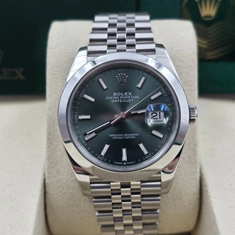 PAPERS 2025 Rolex Datejust 41mm Steel Mint Green Smooth Jubilee 126300 BOX
