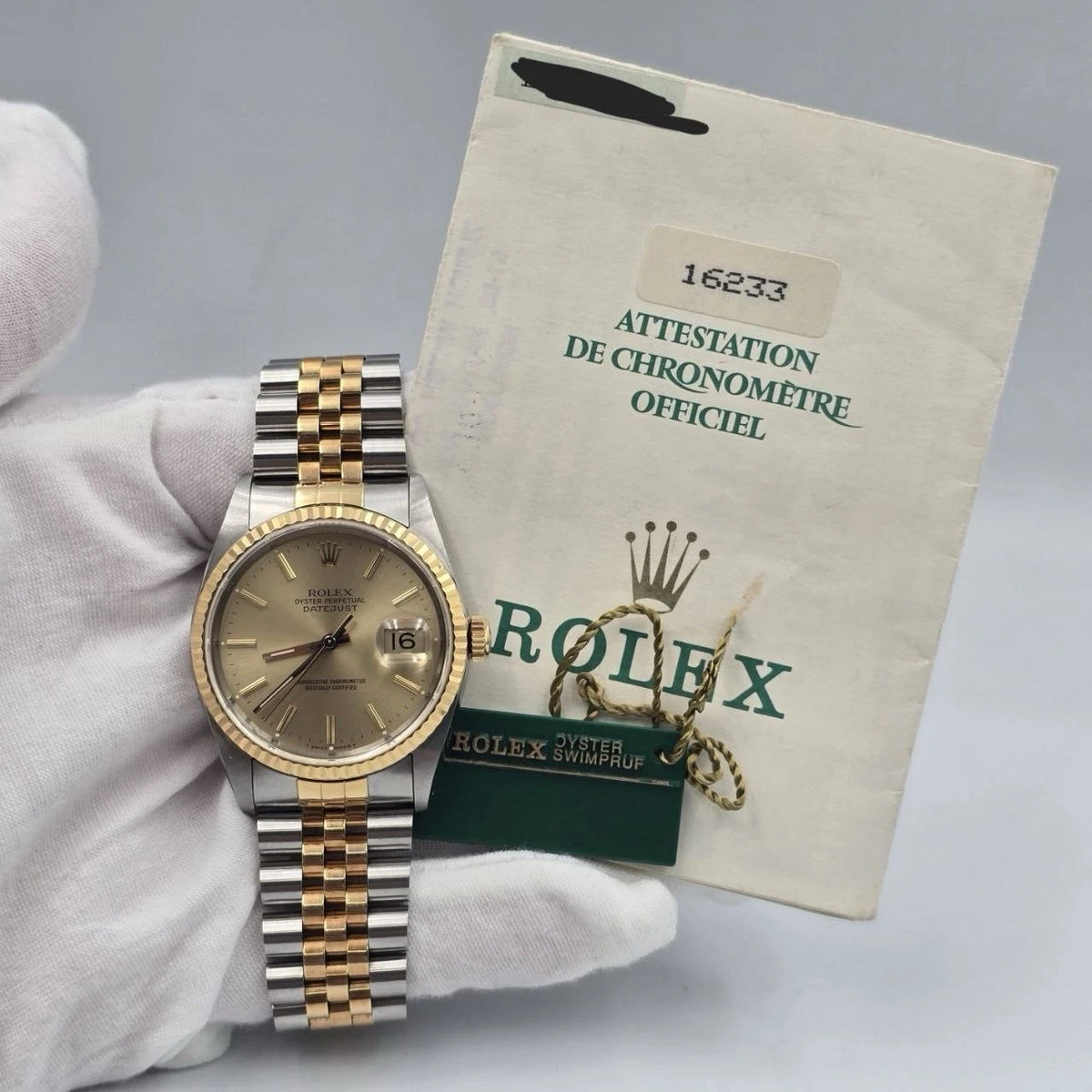 PAPERS Rolex Datejust 36mm Champagne Stick Dial Two Tone 18K Jubilee 16233