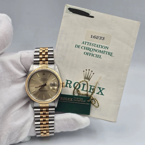 PAPERS Rolex Datejust 36mm Champagne Stick Dial Two Tone 18K Jubilee 16233