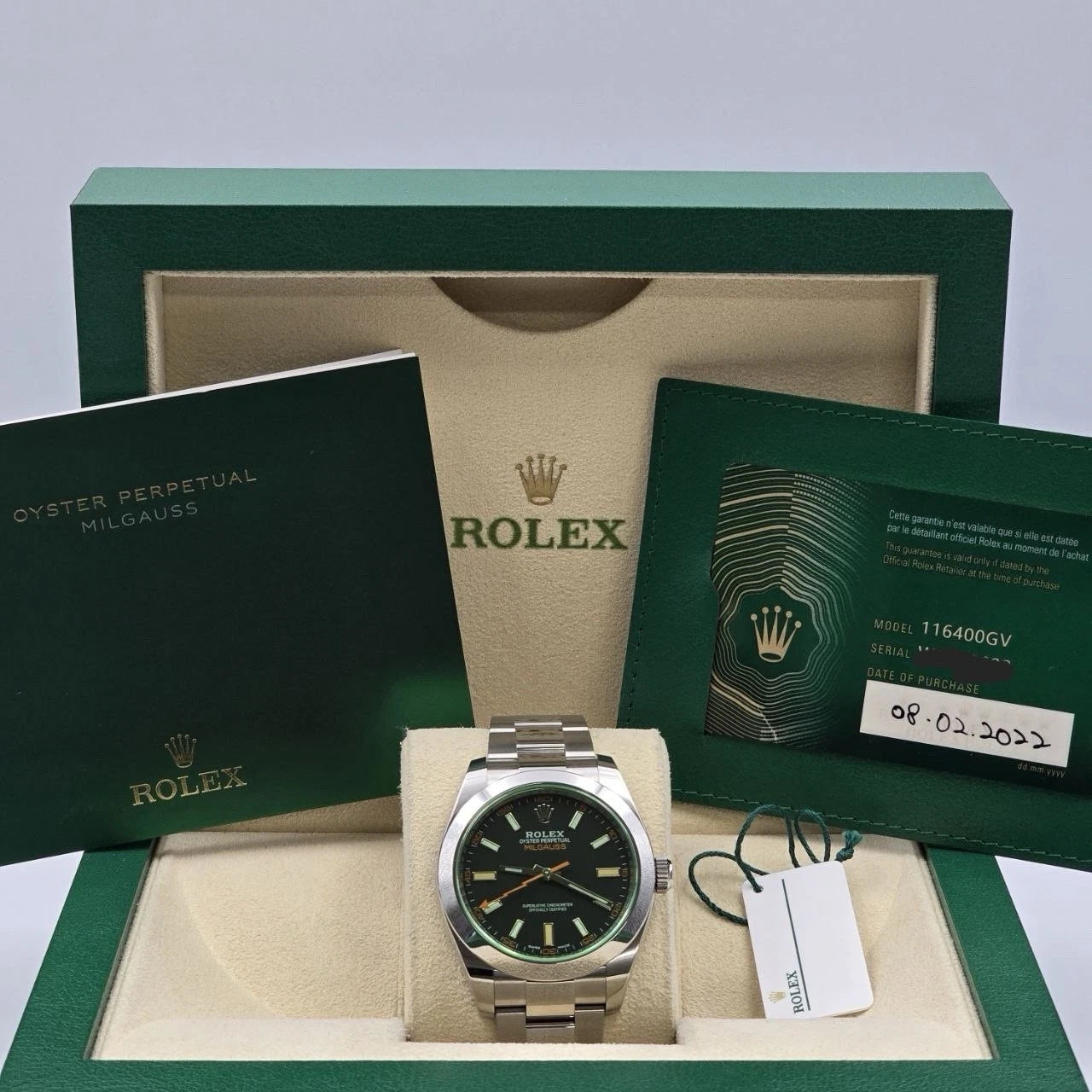 PAPERS 2022 Rolex Milgauss 40mm Steel Black Dial Green Crystal 116400GV BOX