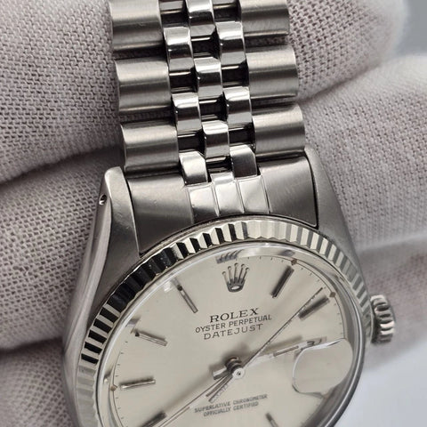 Rolex Datejust 36mm Oyster Perpetual 18k White Gold Steel Silver Dial 16014