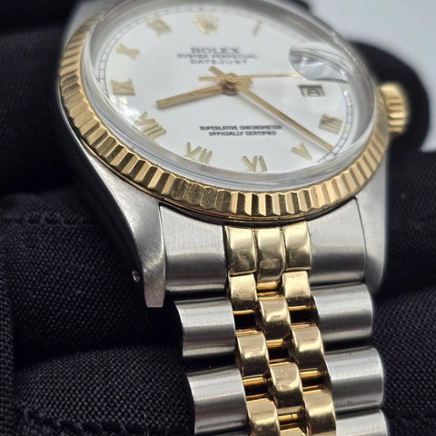 Rolex DateJust 36mm White Roman Fluted Two-Tone 18K Yellow Gold Jubilee 16013