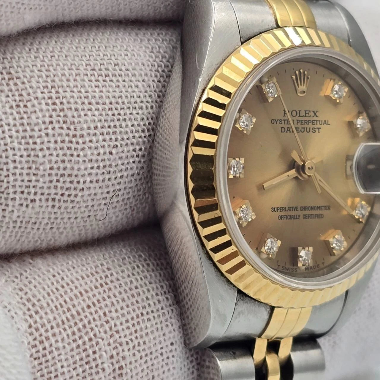 Rolex Lady Datejust 18K Gold Steel NO HOLES 26mm Champagne Diamond Dial 69173