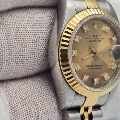 Rolex Lady Datejust 18K Gold Steel NO HOLES 26mm Champagne Diamond Dial 69173