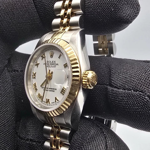Rolex Lady Datejust Gold Steel Fluted Bezel White Roman Jubilee 26mm Watch 79173