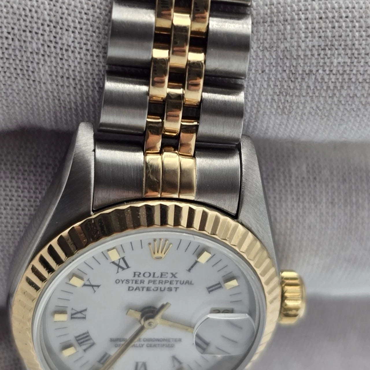 Rolex Lady Datejust 26mm Two Tone White Roman Dial Jubilee NO HOLES 69173