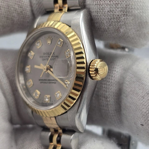 Rolex Lady Datejust 26mm Yellow Gold Steel Factory Rhodium Diamond Dial 69173