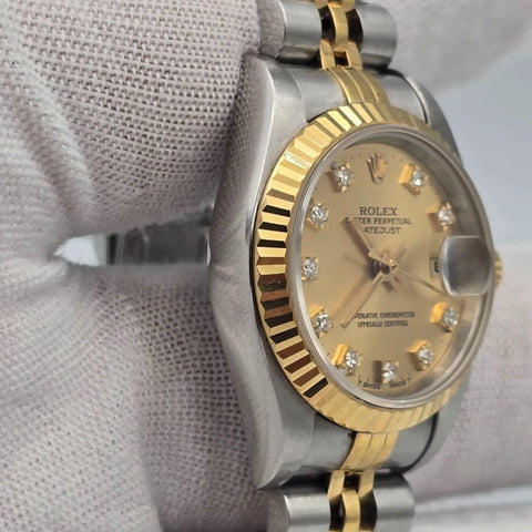 PAPERS Rolex Lady Datejust 18K Gold Steel Champagne NO HOLES Diamond Dial 69173
