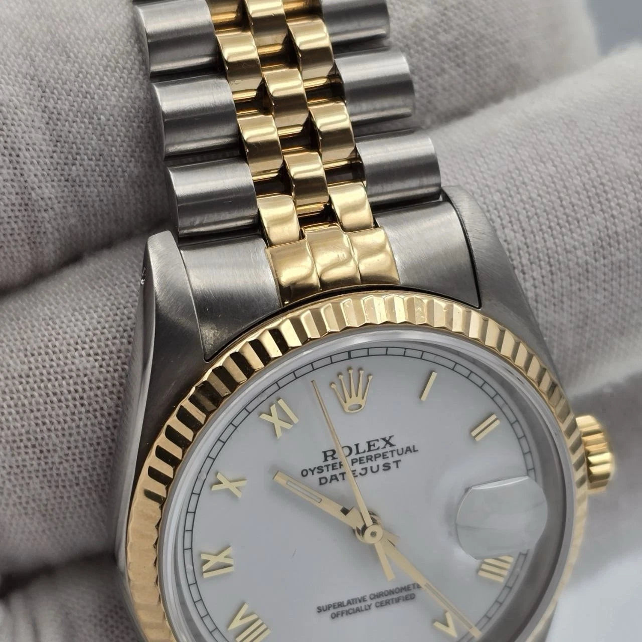 Rolex Datejust 36mm White Roman Dial 18K Gold Two Tone Watch 16233