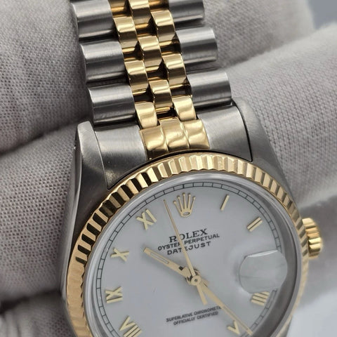 Rolex Datejust 36mm White Roman Dial 18K Gold Two Tone Watch 16233