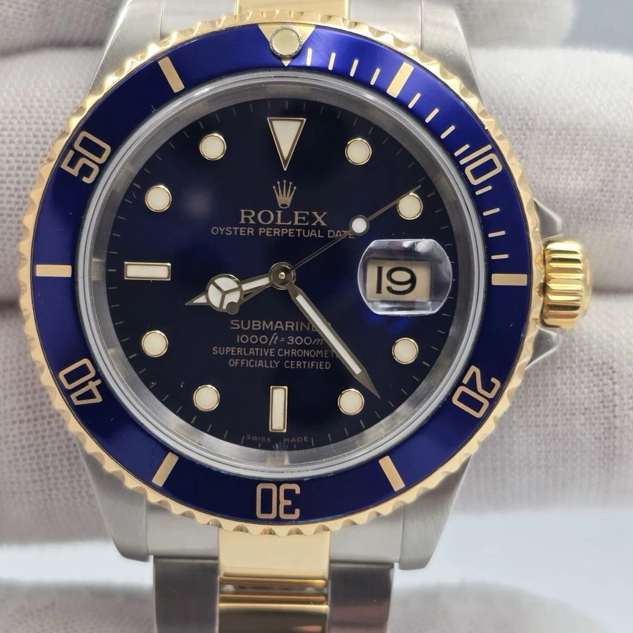 2005 Rolex Submariner 16613 NO HOLES Blue Dial Two Tone Steel Gold 40mm Watch