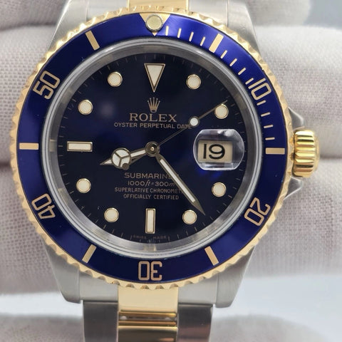 2005 Rolex Submariner 16613 NO HOLES Blue Dial Two Tone Steel Gold 40mm Watch