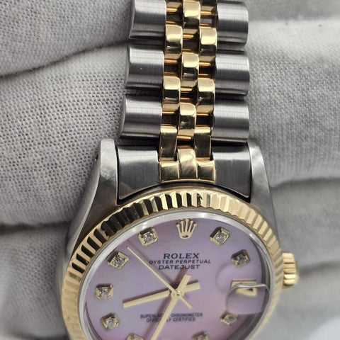 Rolex Datejust Ladies 31mm 18k Two Tone 68273 Pink MOP Diamond Dial Watch