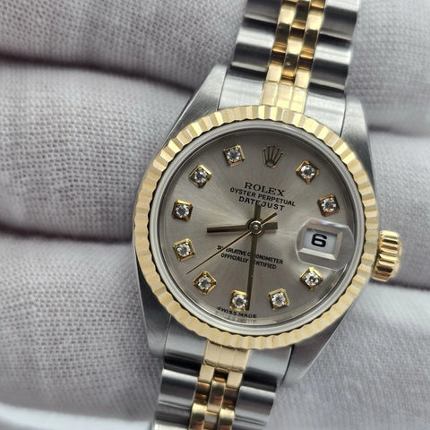 PAPERS Rolex Datejust Gold Steel Factory Rhodium Diamond Dial Jubilee 26mm 79173