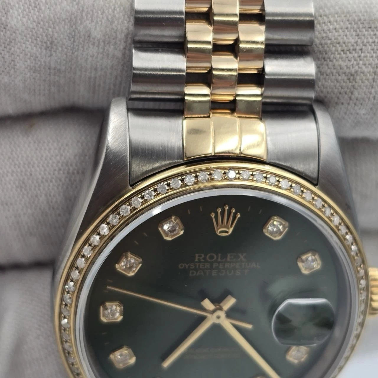 Rolex Datejust 36mm Olive Green Diamond Dial Diamond Bezel Two-Tone Watch 16233