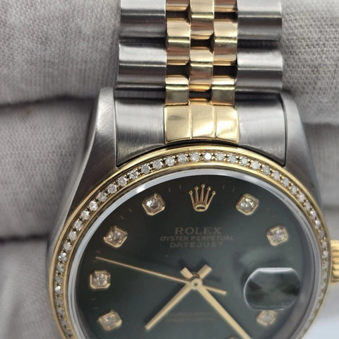 Rolex Datejust 36mm Olive Green Diamond Dial Diamond Bezel Two-Tone Watch 16233