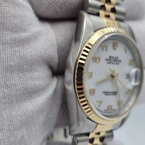 Rolex Datejust 36mm NO-HOLES White Arabic Two-Tone 18K Watch 16233