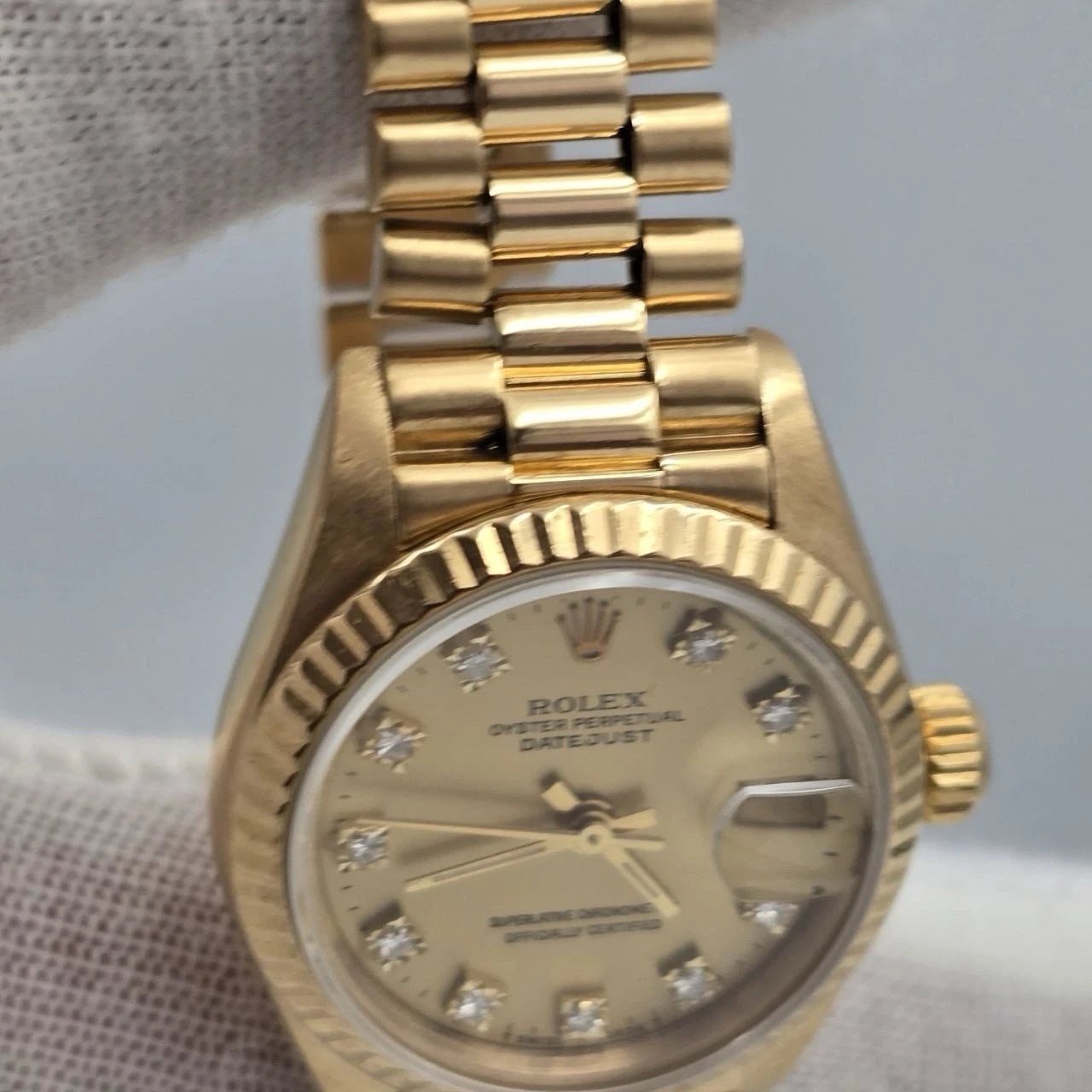Rolex Ladies Datejust Gold President Factory Champagne Diamond Dial 26mm 69178