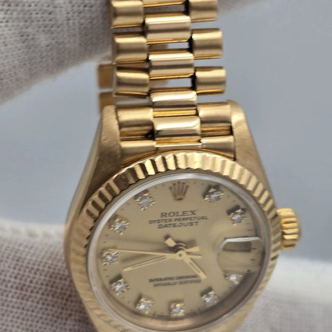 Rolex Ladies Datejust Gold President Factory Champagne Diamond Dial 26mm 69178