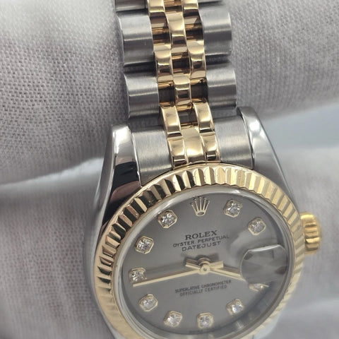 PAPERS MINT Rolex Datejust 18k Two Tone Gray Diamond Dial 26mm Watch 179173